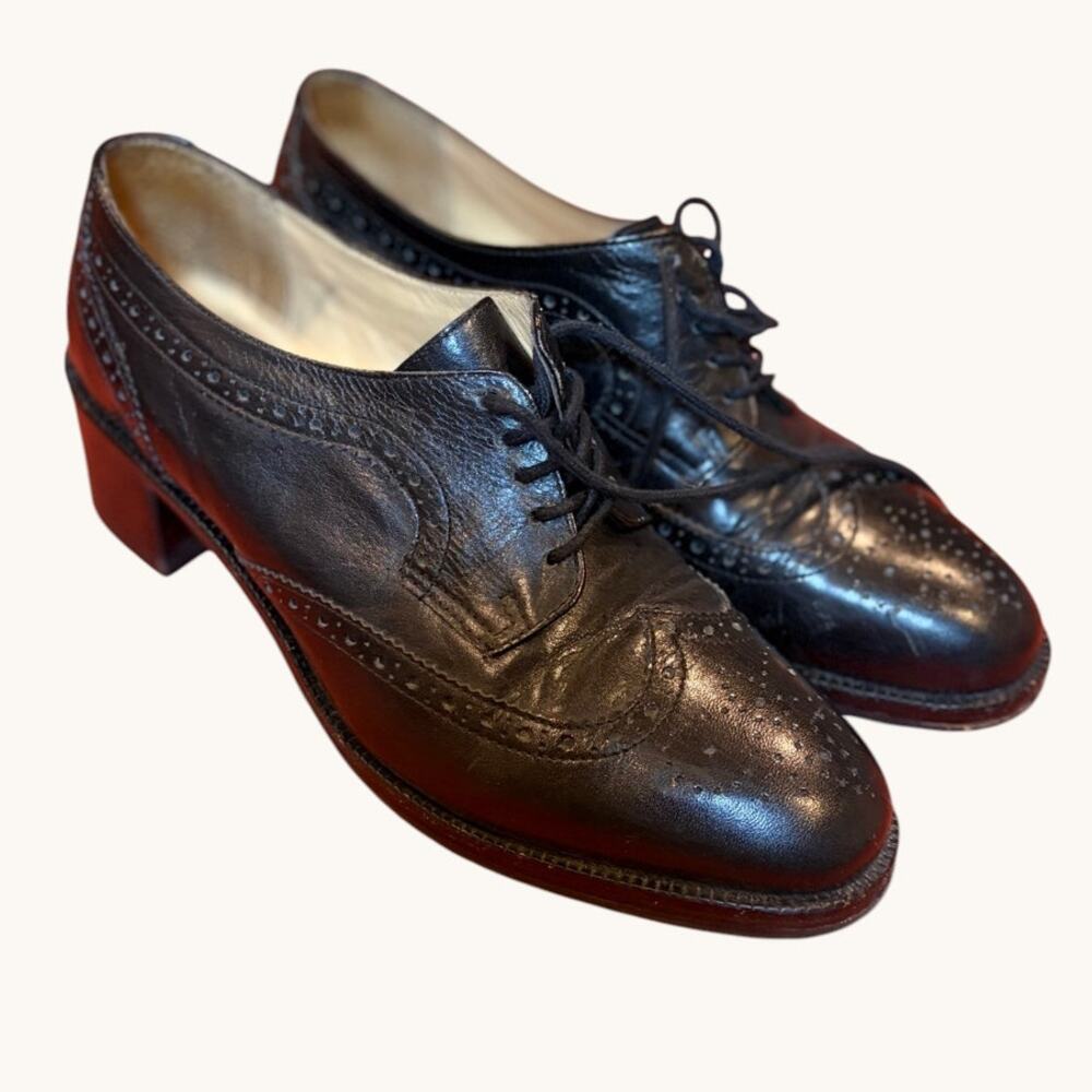 KENNETH COLE Women's Leather Wingtip Shoes 8.5 Black Brogue Oxford Heels Vintage
